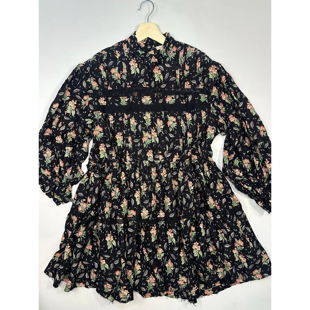 Pilcro for Anthropologie Mock Neck Swing Dress with Raw Hem and Puff Sleeves
